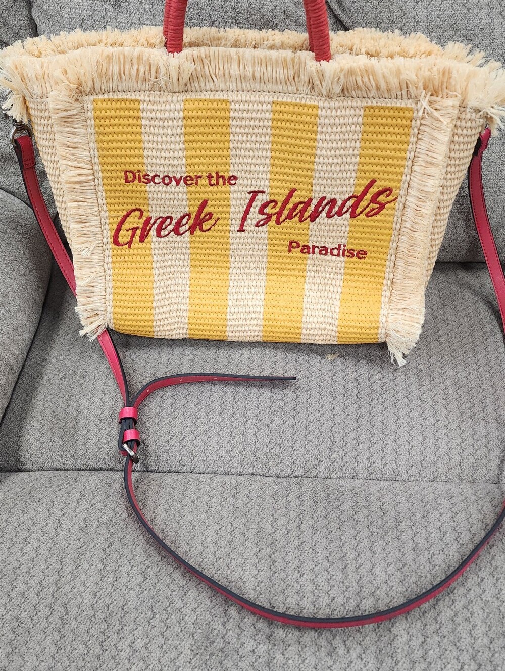 Greek Islands Straw Tote Bag with Yellow Stripes and Pink Accents - Picture 2 of 6